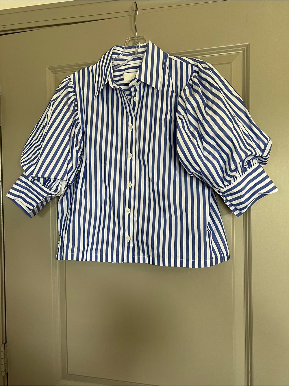 Zara Poplin Balloon Sleeve Shirt Blue and White Stripes XS NWT